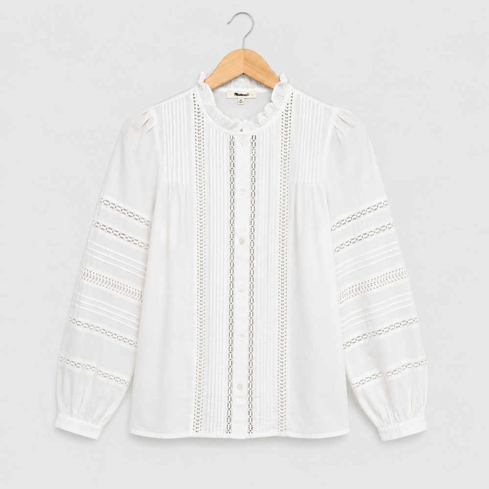 Madewell Top Womens Size XS White Lace Insert High Neck Pintuck Cottagecore NWT